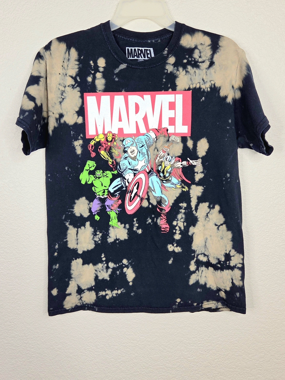 Marvel Black Tie-Dye Short Sleeve Tee with Multicolor Avengers Graphic